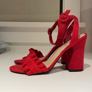 Worn Twice! Indigo Rd Faux Suede Red Ruffle Block Heels - Size 6.5